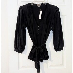 Point Sur Black V Neck Button Front Tie Waist Long Sleeve Blouse XS NWT $98